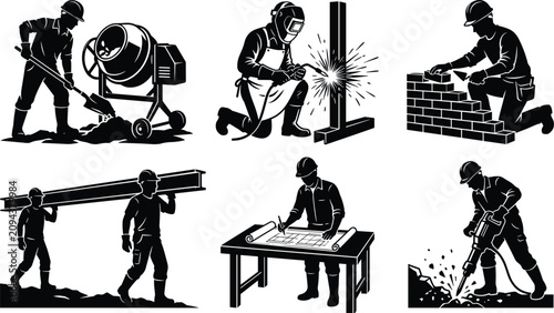 Photos Construction Worker Silhouette Icon Set Featuring Welding, Bricklaying, Concrete