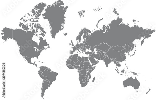 World Map Vector with Country Borders Gray Silhouette Political Atlas

