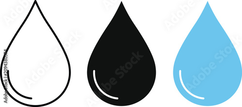 Three water drop outline, solid black, and light blue shapes on a white background, liquid symbol
