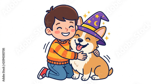 Happy Child Hugging Cute Dog Wearing Wizard Hat in Playful Cartoon Style
