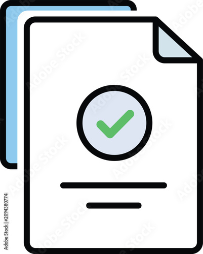 Two stacked paper documents with a green checkmark symbol, flat on a white background file