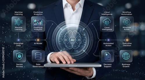 Predictive analytics machine learning framework with glowing digital brain and enterprise data automation network