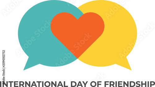 Vibrant vector illustration featuring two overlapping speech bubbles in teal and yellow colors with a bright orange heart shape in the center representing unity for the international day of friendship