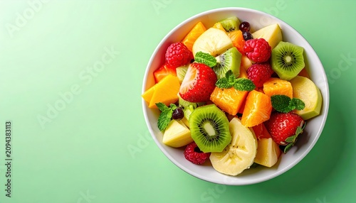 White bowl of fresh fruit salad on light green background, fresh fruit collection, food photography.