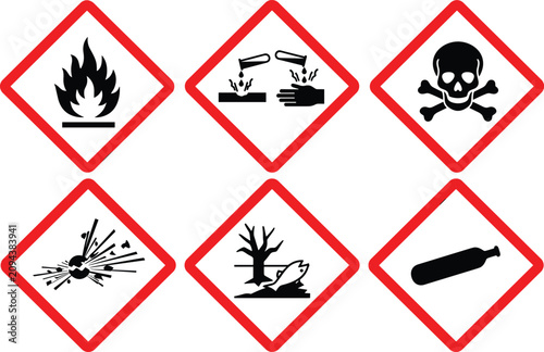 Foto GHS Chemical Hazard Pictograms Set Featuring Flammable, Corrosive, Toxic Skull,