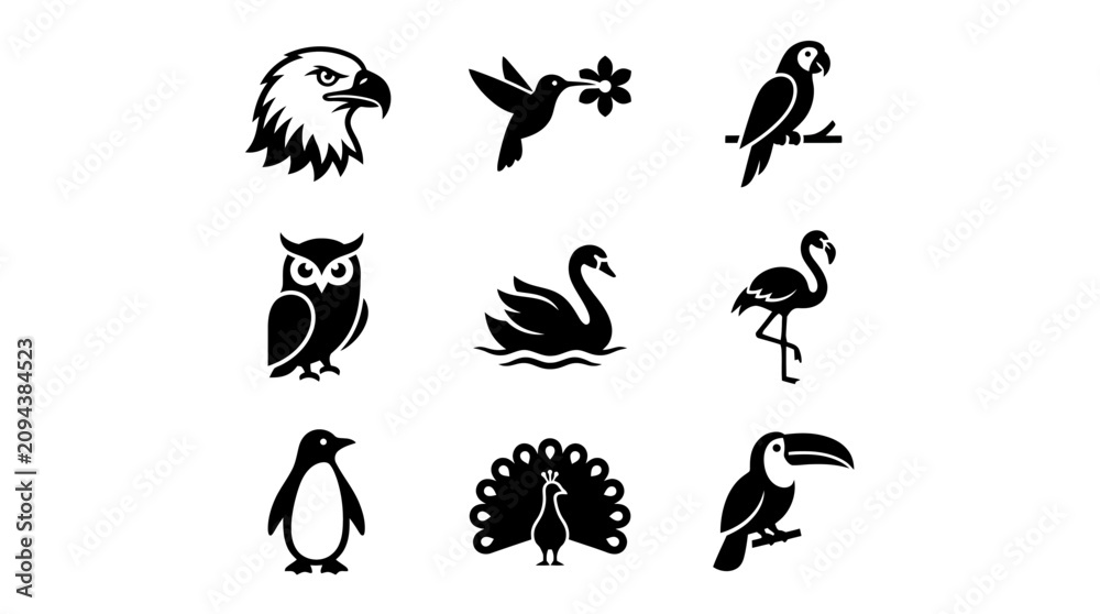 Obraz premium Wildlife and Nature Black White Glyph Icons: Collection of Various Bird Species Silhouettes Set