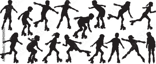 Children roller skating silhouettes set, children in various active, dynamic poses, including cruising, speeding, and gliding. vector