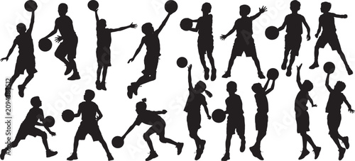 Kids basketball players silhouette set, in various dynamic action poses, such as shooting, dribbling, and jumping. vector