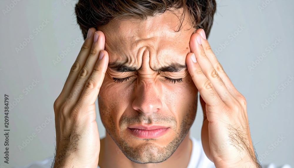 Fototapeta premium A man pressing his fingers hard against his throbbing temples, eyes squeezed shut in pain from a severe migraine headache.