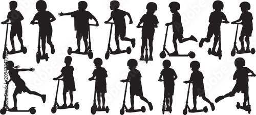Kids riding scooters Silhouette set in various motion poses on white background, vector