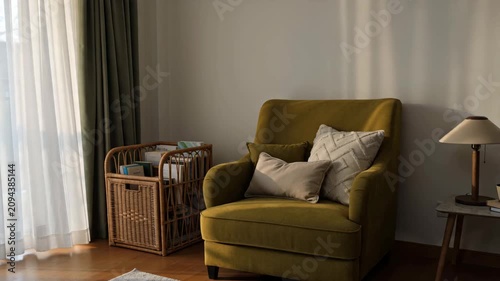 Cozy Modern Living Room Interior with Comfortable Yellow Armchair, Rattan Basket, and Soft Daylight