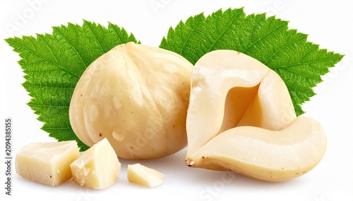 Blanched hazelnut with pieces: A blanched skinless hazelnut, a halved hazelnut, and broken pieces with a green leaf, isolated on white.