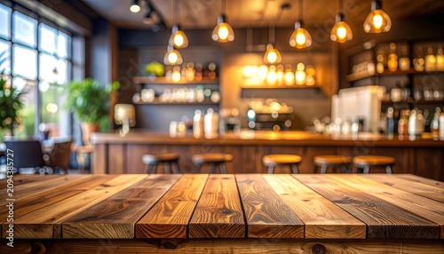 Cozy Coffee Shop Interior with Wooden Table and Bar Counter.