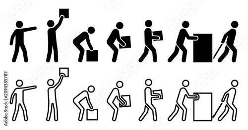 Canvas Print Stick figure worker silhouettes showing manual labor handling boxes during logis
