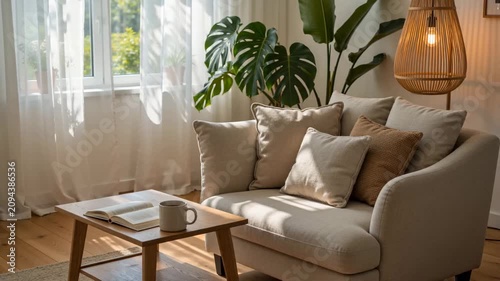 Inviting Living Room Interior with Cozy Armchair, Open Book, Coffee Mug, and Natural Sunlight