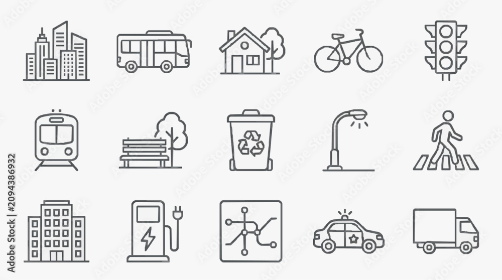 Fototapeta premium Minimalist Black and White Line Icons Set Featuring Urban Life Transportation Infrastructure and Services