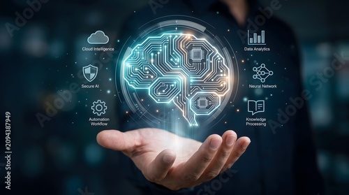 Cloud intelligence and automation workflow concept showing glowing digital brain hovering over open hand representing smart business solutions
