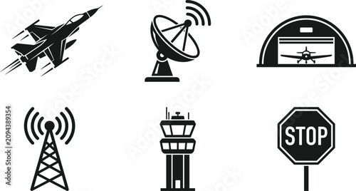 Φωτογραφία Military airbase icons collection featuring fighter jet radar dish hangar contro