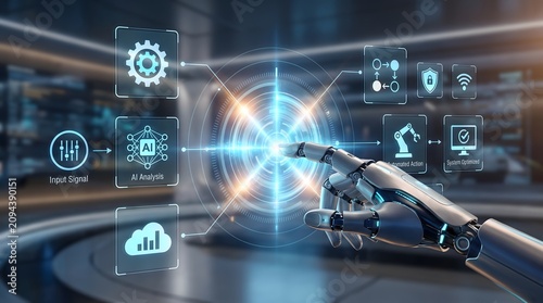 Artificial intelligence system optimization interface controlled by robot hand demonstrating machine learning pipeline and data processing