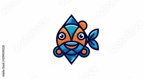 Geometric blue and orange fish icon illustration, modern stylized aquatic animal design with bold symmetrical outlines and minimalist aesthetic