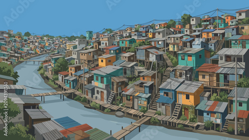 Colorful hillside favela architecture along a winding canal, vibrant densely built village on a steep slope.