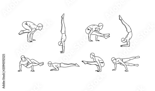 Obraz na płótnie Minimalist Male Yoga Handstand Sketch Vector Collection with Advanced Balance Po