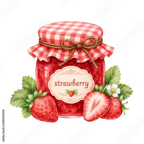 Watercolor Strawberry Jam Jar with Fresh Berries, Leaves and Gingham Fabric Cover
