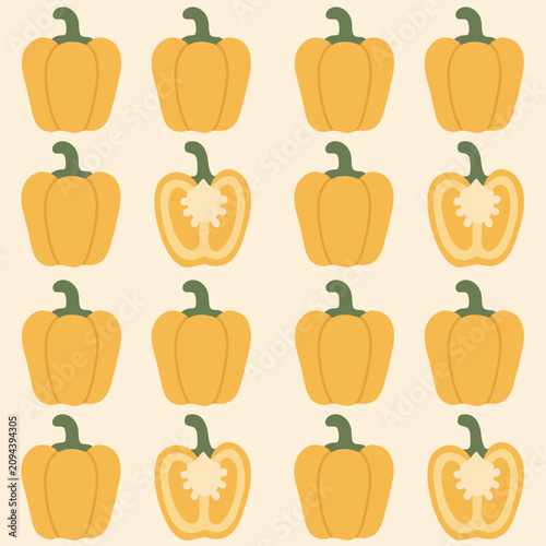 Yellow bell pepper seamless pattern with whole and sliced peppers on a beige background, perfect for packaging, kitchen decor