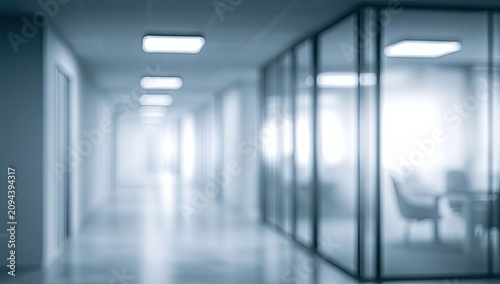 A blurred, modern office hallway with glass-walled meeting rooms