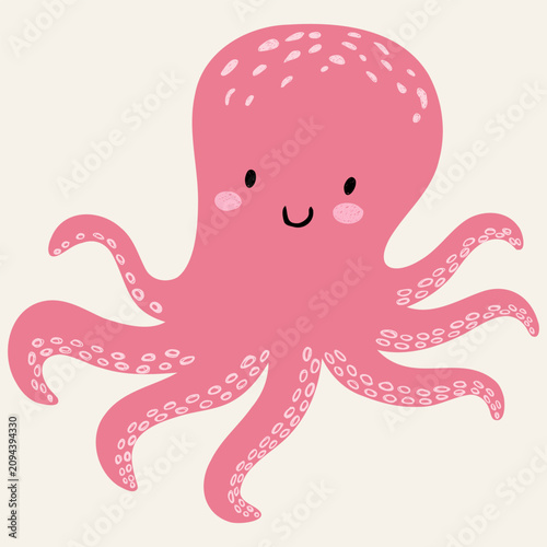 Cute pink octopus smiling with playful tentacles on a light background, perfect for nursery decor, kids products