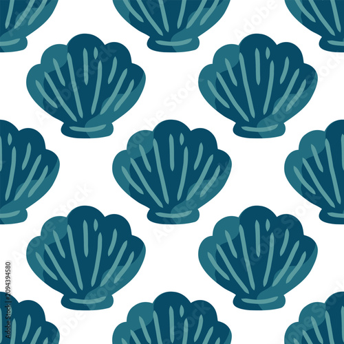 Dark blue seashells scattered in a seamless coastal pattern on a light background, perfect for beach decor, wrapping paper