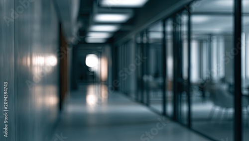 Blurred interior hallway with glass walls reflecting light and rooms