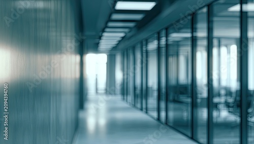 Bright, modern office hallway with glass walls and subtle light