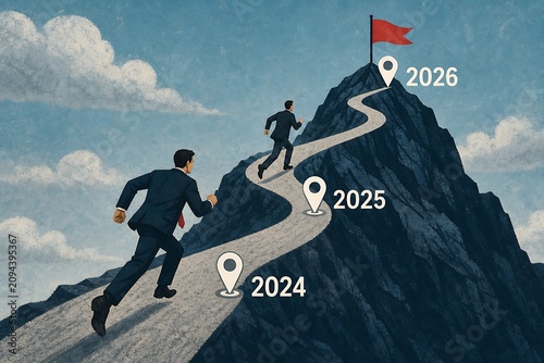Business people running up a mountain road towards future years and success goals