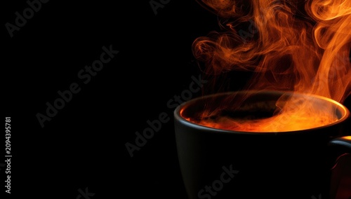 Dark mug of coffee with flames and steam, black background