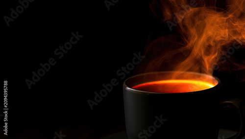 A dark mug of steaming hot beverage, emitting a warm, orange glow