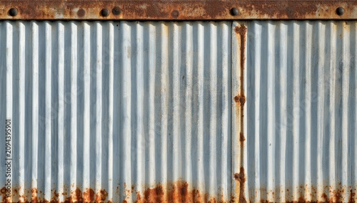 Corrugated metal sheeting with rust streaks and rivets