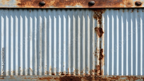 Close-up textured detail of weathered corrugated metal with rust and rivets