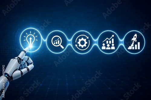 Robot hand touching glowing icons representing innovation business growth and development