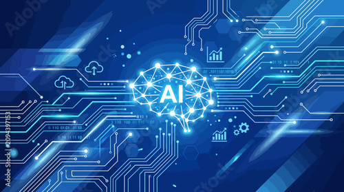 Futuristic AI technology network glowing in blue. Digital brain with circuit pathways and data nodes. Innovative artificial intelligence concept fo...