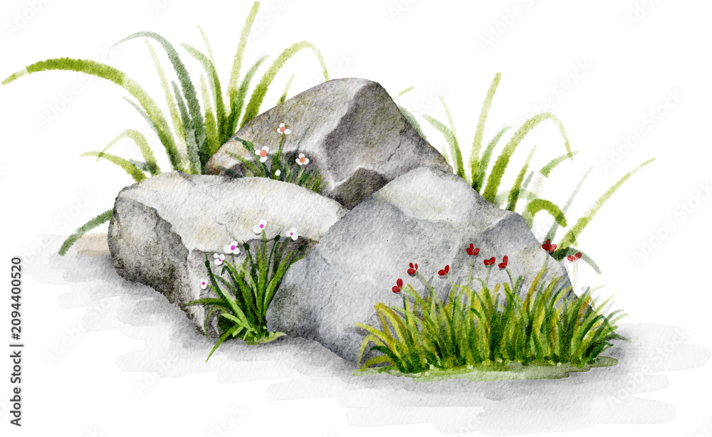 Obraz premium Watercolor Stones with Grass Growing Among Them