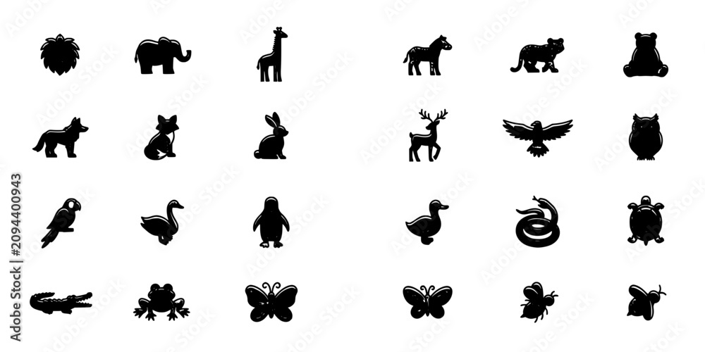 Fototapeta premium Animals Arranged in a Grid Pattern as Black Silhouettes on a White Background Featuring Wildlife, Nature, Icons with Illustration