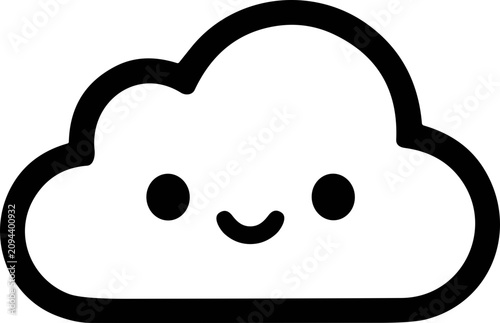 Cute Kawaii Cloud Character Icon, Simple Line Art, White Background
