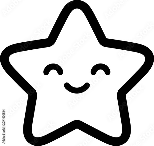 Cute cartoon star with happy face, simple line art, isolated on white background.