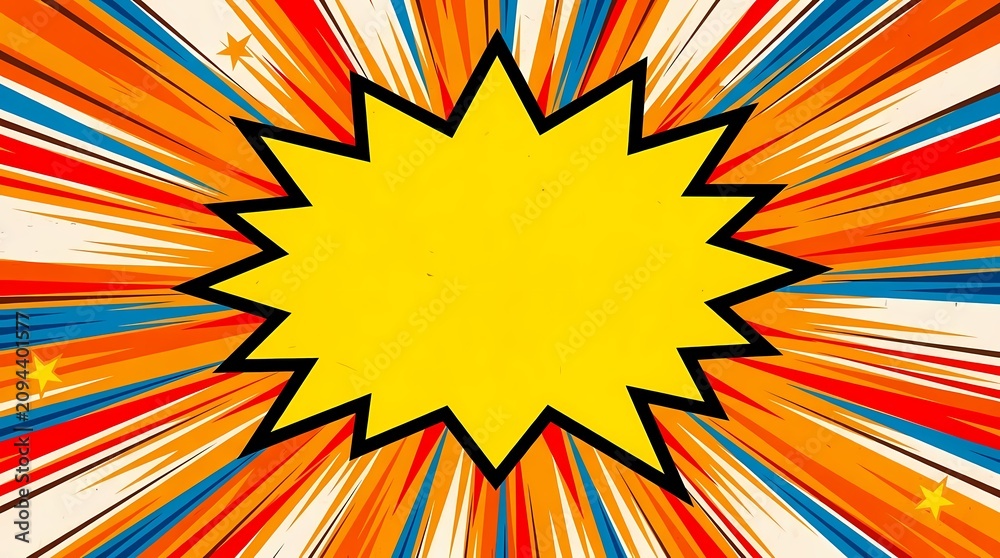 Fototapeta premium Vibrant comic sunburst with yellow jagged speech bubble.