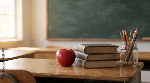 A classic school desk scene featuring a stack of vintage books next to a fresh red apple and a glass jar filled with sharpened wooden pencils in class