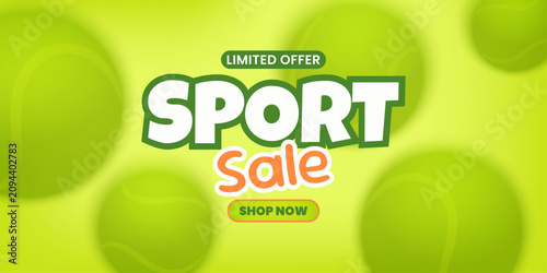 Modern sport sale promotional banner with abstract green tennis balls, soft gradient background and bold typography. Editable vector template for sports store advertising and marketing.
