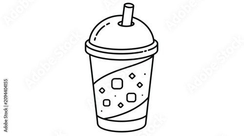Iced beverage cup with straw and ice cubes line drawing
