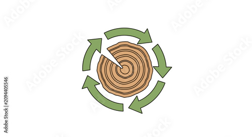 Wood Recycling Symbol with Tree Ring Cross-Section and Green Arrows