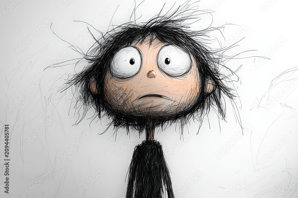 Fototapeta premium Messyhaired child with wide eyes and anxious expression on white background, handdrawn doodle art style